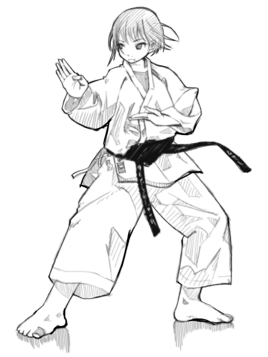 ueda sanagi, barefoot, dougi, feet, greyscale, karate, monochrome, sash, sketch, solo