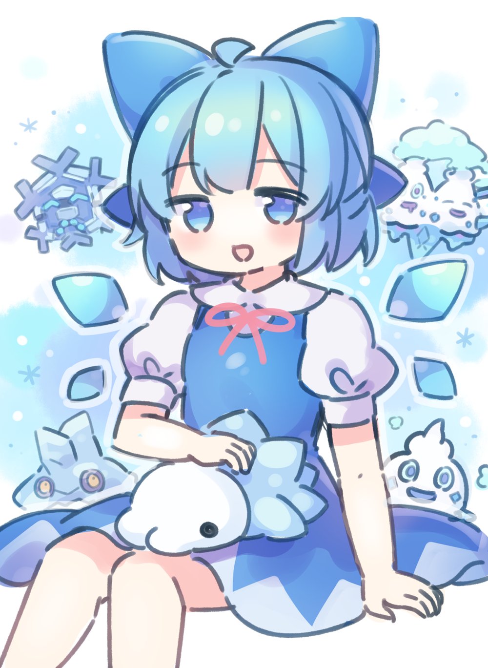 coa (chroo x), bergmite, cirno, cryogonal, snom, vanillish, vanilluxe, nintendo, pokemon, touhou, commentary request, highres, 1girl, :d, ahoge, aqua hair, blue background, blue bow, blue dress, blue eyes, bow, cirno day, collared shirt, detached wings, dress, gen 5 pokemon, gen 6 pokemon, gen 8 pokemon, hair bow, looking at viewer, neck ribbon, open mouth, pinafore dress, pokemon (creature), puffy short sleeves, puffy sleeves, red ribbon, ribbon, shirt, short hair, short sleeves, sitting, sleeveless, sleeveless dress, smile, snowflakes, trait connection, two-tone background, white background, white shirt, wings