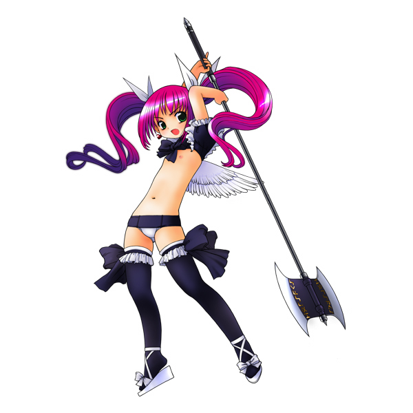 kusunoki masashige, character request, 1girl, axe, belt, bow, female focus, flat chest, green hair, loli, midriff, nipples, panties, pink hair, revealing clothes, solo, thighhighs, twintails, underwear, weapon, wings