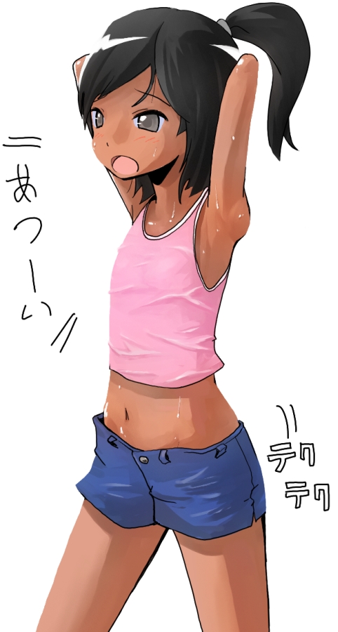 ueda sanagi, armpits, black hair, brown eyes, dark-skinned female, dark skin, hairdressing, midriff, ponytail, short hair, shorts, solo, tank top