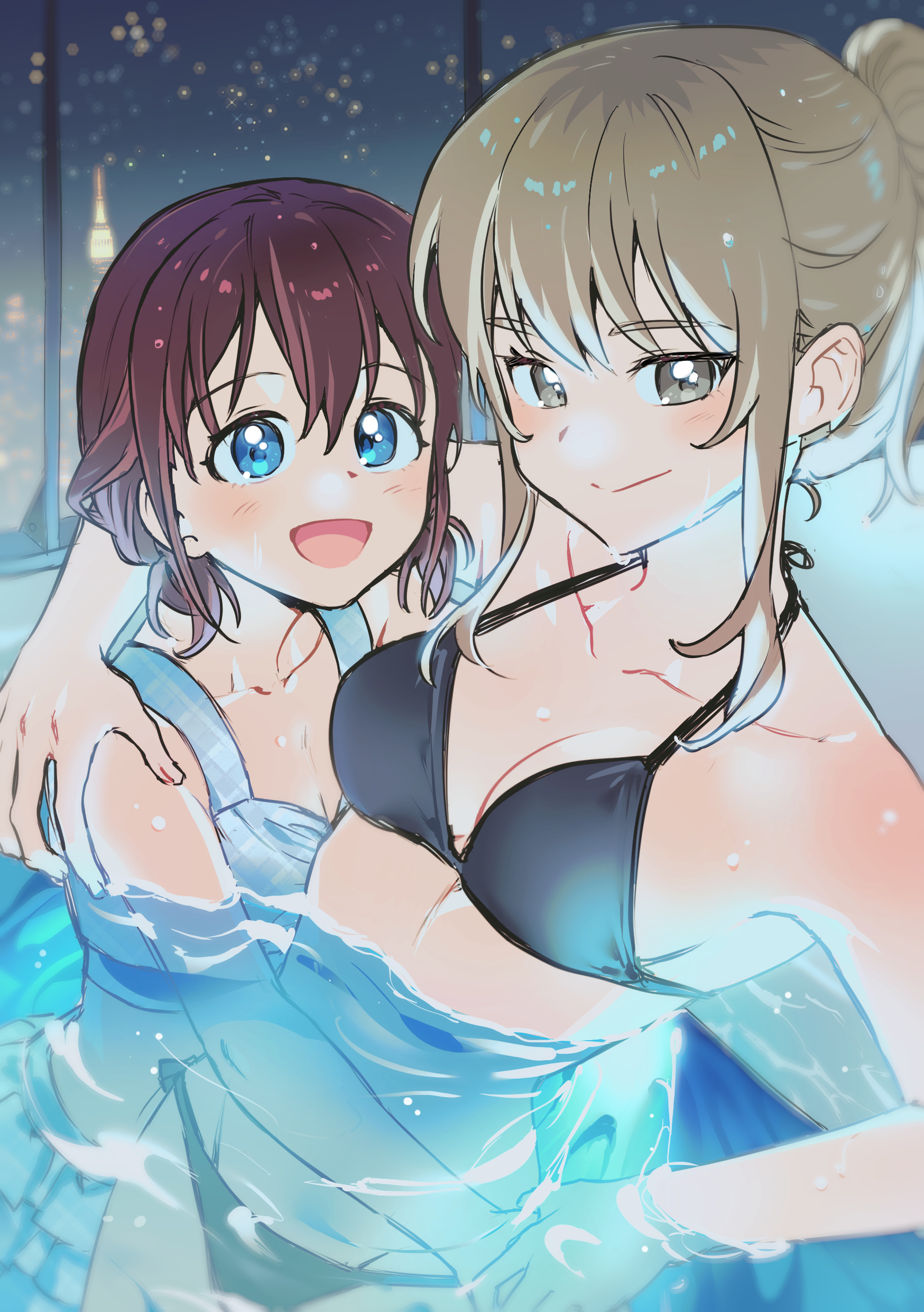 habsida (habsida hpy), iseri nina, kawaragi momoka, girls band cry, absurdres, commentary request, highres, 2girls, arm around neck, bikini, black bikini, blue bikini, blue eyes, blush, breasts, cleavage, closed mouth, grey eyes, grey hair, hand on another's shoulder, hug, indoors, long hair, looking at viewer, medium breasts, multiple girls, night, open mouth, ponytail, red hair, short twintails, smile, swimsuit, twintails, wet, yuri