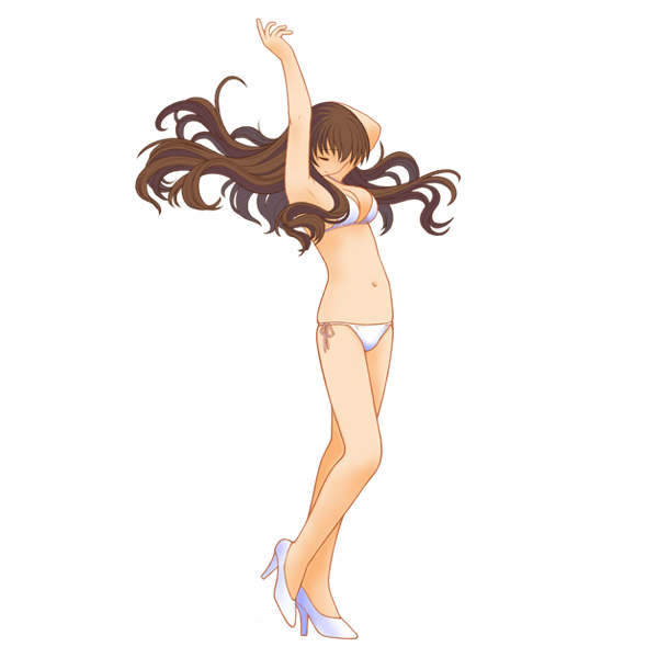 kusunoki masashige, original, 1girl, arms up, bikini, breasts, brown hair, cleavage, closed eyes, female focus, high heels, large breasts, long hair, navel, shoes, side-tie bikini bottom, solo, standing, swimsuit, white background, white bikini, white shoes