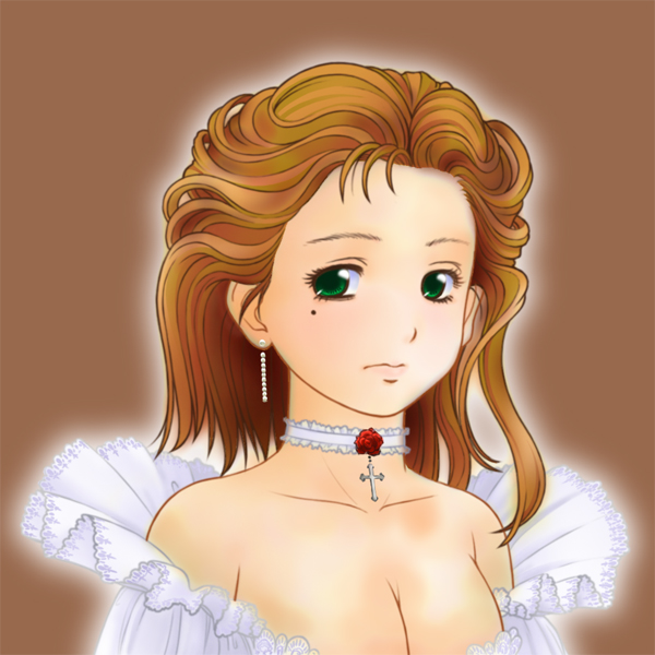 kusunoki masashige, 1girl, bare shoulders, breasts, choker, cleavage, cross, female focus, large breasts, latin cross, mole, mole under eye, solo