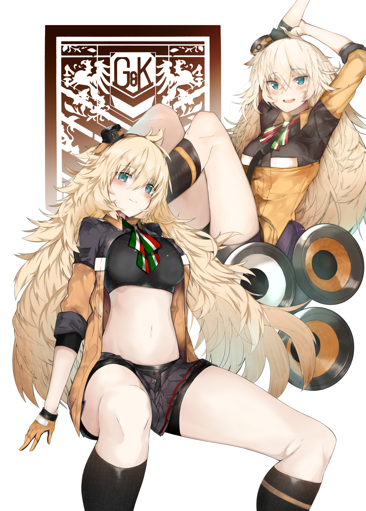 ekuesu, s.a.t.8 (girls' frontline), girls' frontline, highres, 1girl, :d, action camera, arms up, bike shorts, black shirt, black shorts, black skirt, black socks, black sports bra, blonde hair, blush, bow, bow panties, breasts, collared shirt, flag print, gloves, green eyes, griffin & kryuger logo, hair between eyes, hairband, hat, italian flag, kneehighs, knees up, large breasts, long hair, long sleeves, looking at viewer, messy hair, midriff, miniskirt, navel, open clothes, open mouth, orange gloves, orange hairband, orange shirt, panties, panties under bike shorts, pleated skirt, print ribbon, ribbon, shield, shield module, shirt, short shorts, shorts, shorts under skirt, shoulder belt, shoulder strap, simple background, sitting, skirt, sleeves rolled up, smile, socks, solo, sports bra, teeth, thighs, tilted headwear, two-tone shirt, underwear, upper teeth only, very long hair, video camera, white background, white panties