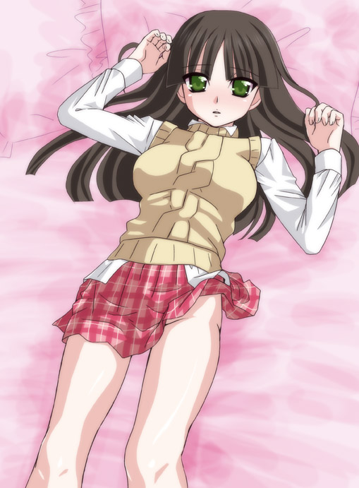 shinozuka arashi, gad guard, 00s, 1girl, aran sweater, bed, cable knit, female focus, lying, no panties, solo, sweater, sweater vest, vest