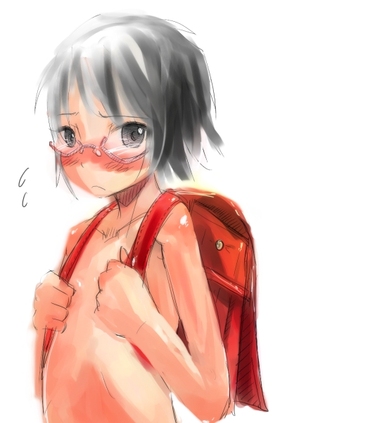 ueda sanagi, backpack, bag, black hair, glasses, loli, randoseru, solo, topless female
