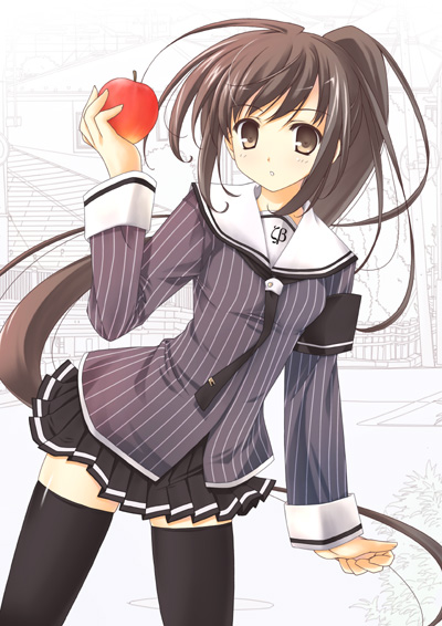 chuujou kagetsu, original, 1girl, apple, female focus, food, fruit, holding, holding food, holding fruit, ponytail, school uniform, serafuku, solo, thighhighs, zettai ryouiki