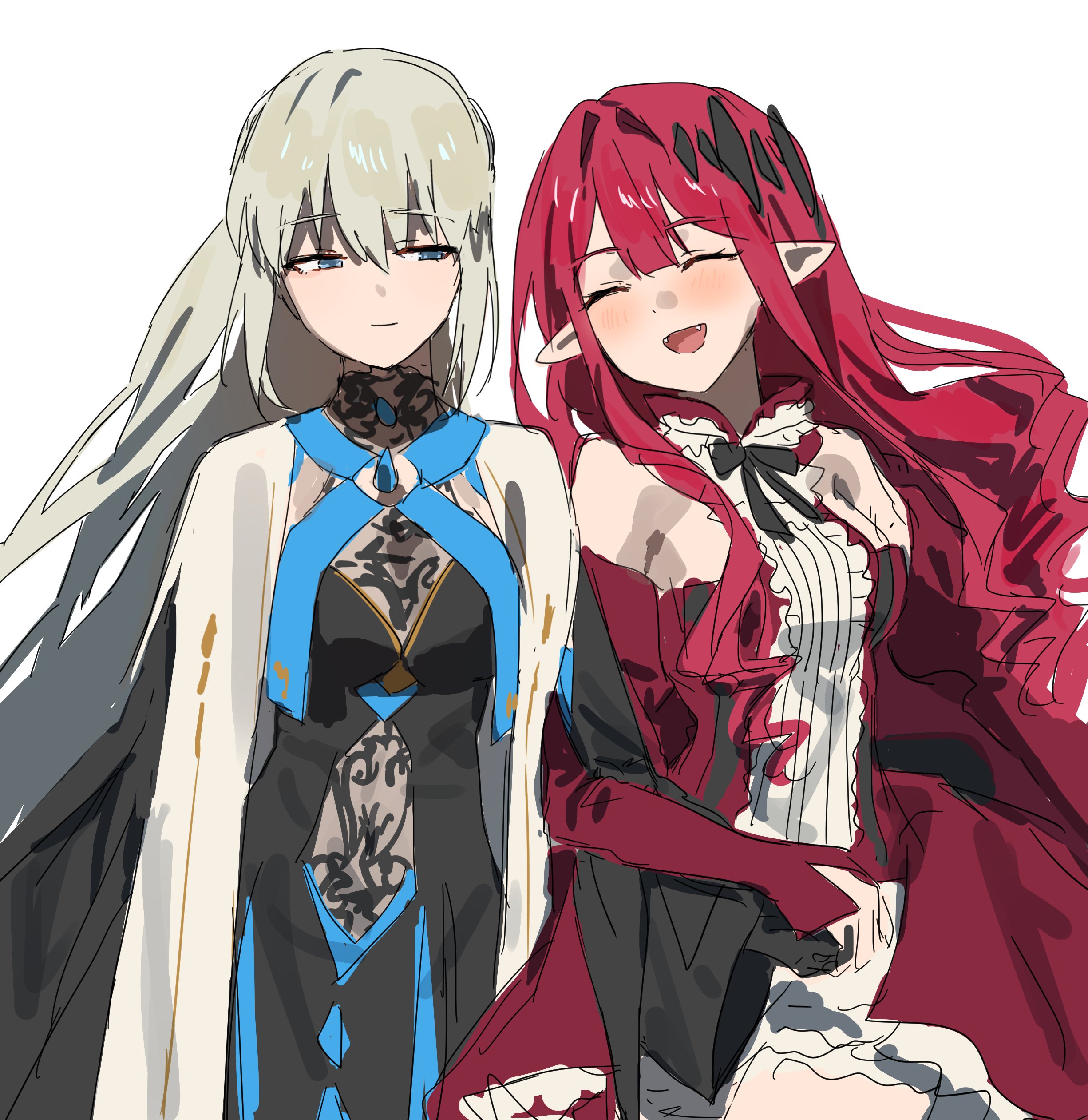baobhan sith (fate), baobhan sith (first ascension) (fate), morgan le fay (fate), morgan le fay (queen of winter) (fate), fate/grand order, fate (series), absurdres, highres, 2girls, black dress, blue eyes, blush, closed eyes, dress, fgo gwa, hair between eyes, long hair, mother and daughter, multiple girls, open mouth, pink hair, pointy ears, ponytail, sharp teeth, smile, spikes, teeth, two-tone dress, very long hair, white background, white hair