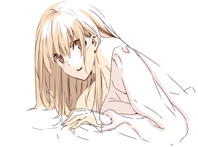 morii shizuki, original, 1girl, bare shoulders, blonde hair, brown hair, female focus, long hair, monochrome, open mouth, sketch, solo