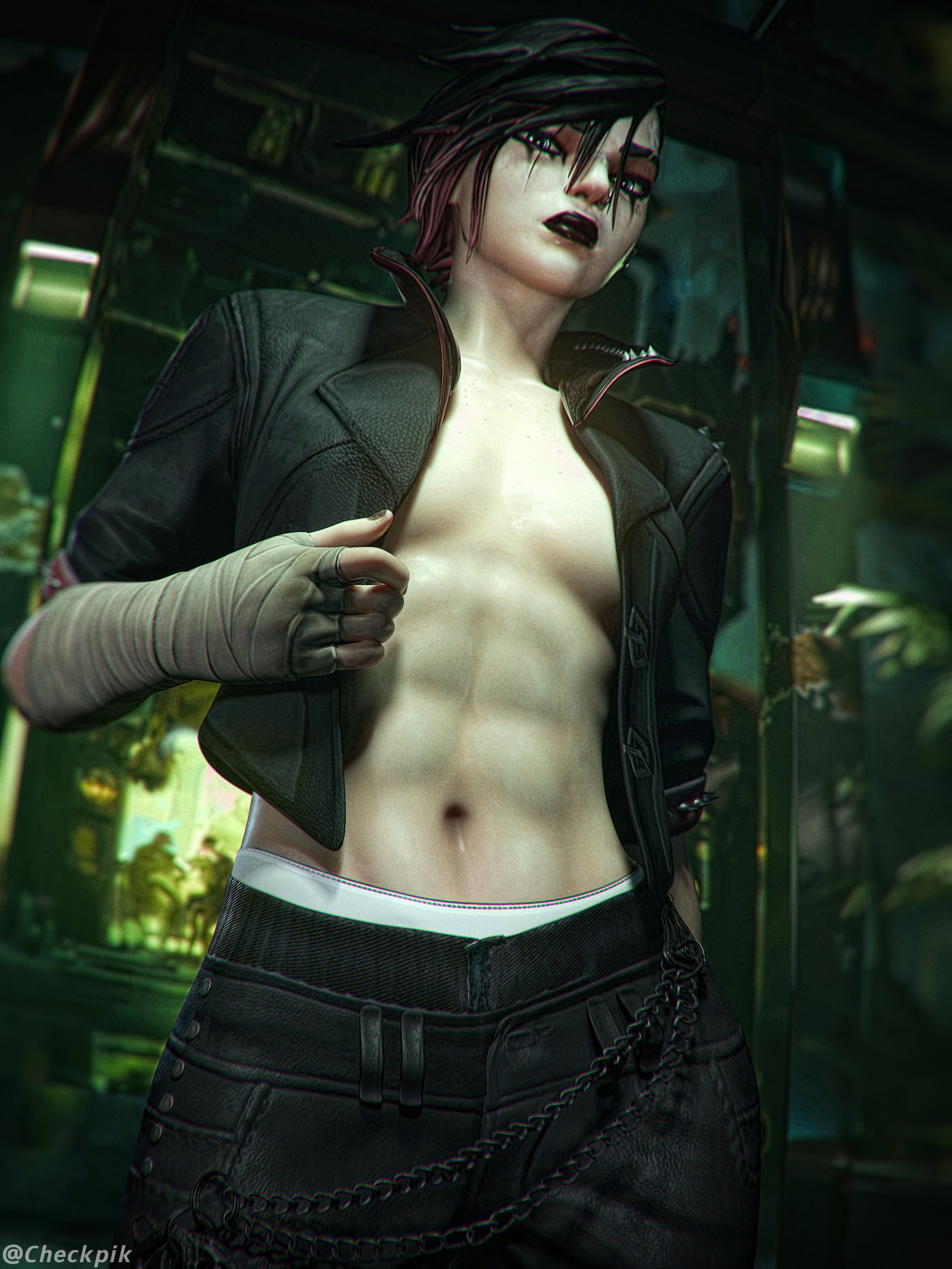 checkpik, arcane brawler vi, arcane: league of legends, league of legends, absurdres, highres, 1girl, 3d, abs, bandaged arm, bandaged hand, bandages, black eyeshadow, black hair, black jacket, black lips, black pants, boxers, closed mouth, cowboy shot, eyeshadow, from below, gradient hair, grey eyes, hand in pocket, holding, holding jacket, holding unworn clothes, jacket, looking at viewer, looking down, makeup, male underwear, multicolored hair, no bra, no shirt, open clothes, open jacket, pants, red hair, runny makeup, short hair, solo, spiked hair, standing, toned, toned female, underwear, unworn jacket