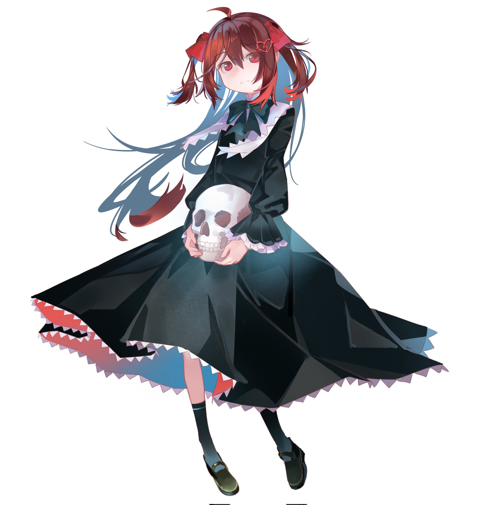 shinbaru, evil neuro-sama, neuro-sama, hashtag-only commentary, highres, 1girl, ahoge, black dress, black shoes, black socks, bow, bowtie, broken heart, broken heart hair ornament, brown hair, closed mouth, dress, hair between eyes, hair ribbon, heart, holding, holding skull, red bow, red bowtie, red eyes, red ribbon, ribbon, shoes, simple background, skull, socks, solo, standing, vedal ai, virtual youtuber, white background