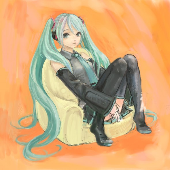 juniordiary, hatsune miku, vocaloid, 1girl, aqua hair, black thighhighs, female focus, long hair, necktie, sitting, solo, thighhighs, twintails, very long hair