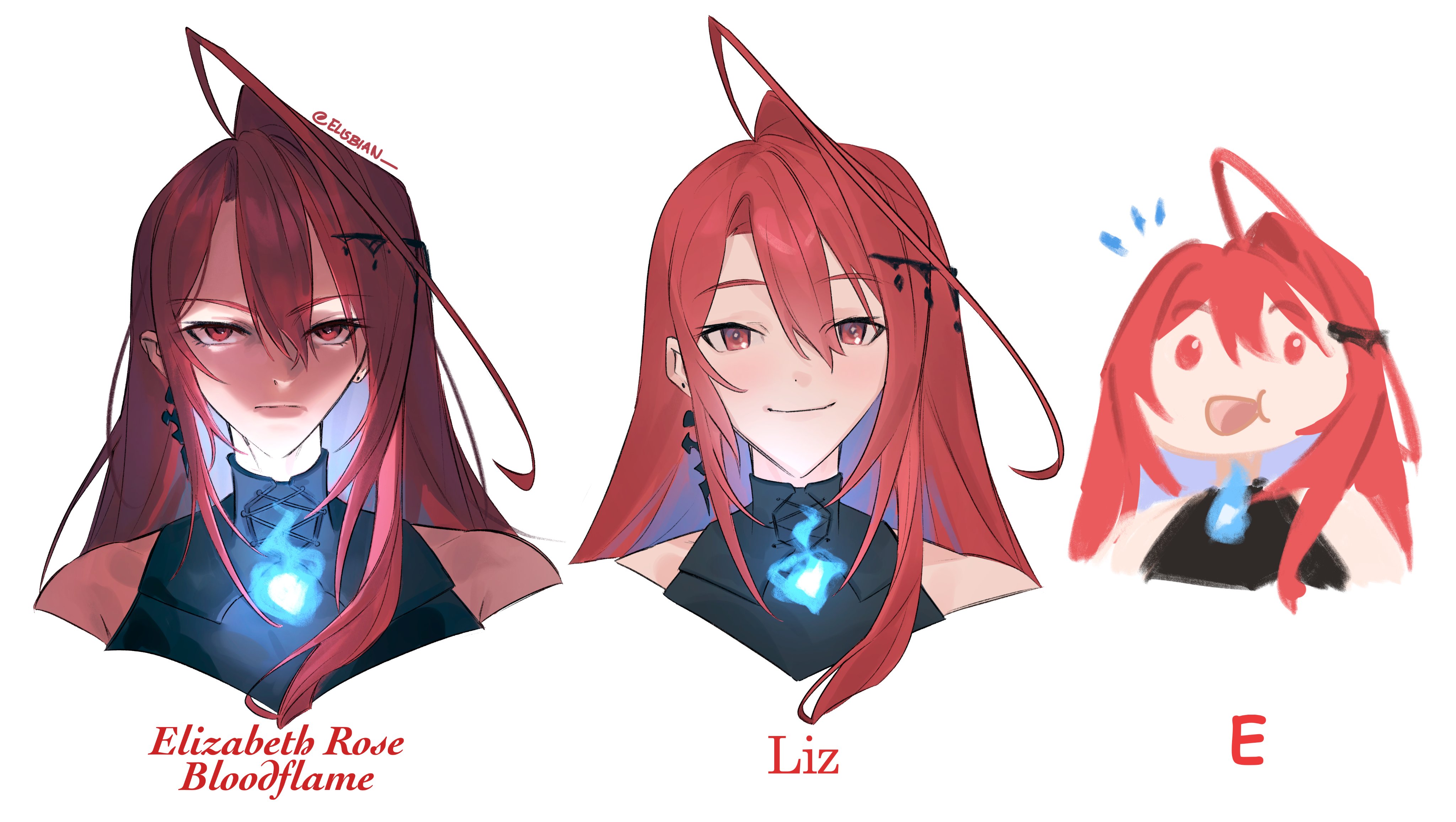 elisbian, elizabeth rose bloodflame, elizabeth rose bloodflame (1st costume), hololive, hololive english, absurdres, commentary, english commentary, highres, 1girl, :d, :|, ahoge, artist name, blue fire, blue hair, character name, chibi, closed mouth, colored inner hair, comparison, cropped shoulders, fire, fire on chest, how much can i simplify, huge ahoge, long hair, looking at viewer, multicolored hair, multiple views, open mouth, red eyes, red hair, simple background, smile, twitter username, two-tone hair, upper body, v-shaped eyebrows, very long hair, virtual youtuber, white background