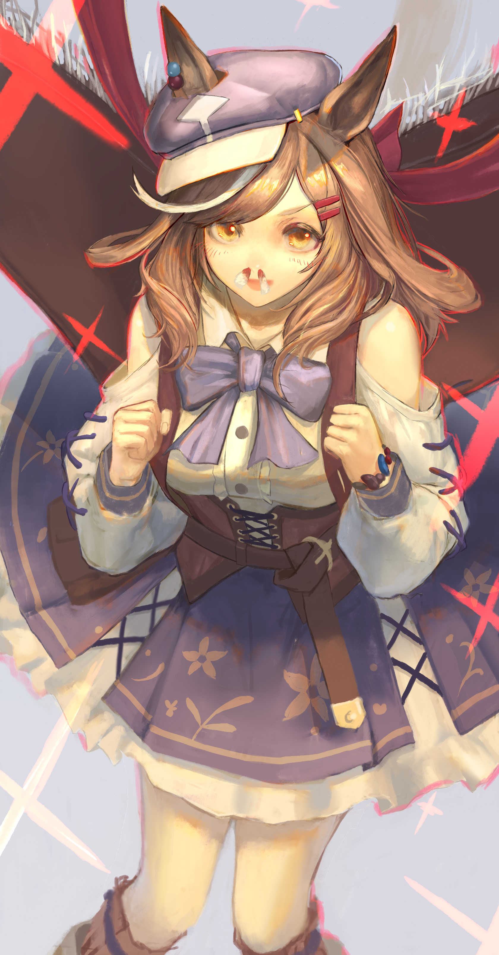 jinchigou, matikanetannhauser (umamusume), umamusume, absurdres, highres, 1girl, animal ears, bare shoulders, blood, blue skirt, blush, bow, brown corset, brown socks, clenched hands, clothing cutout, corset, hat, horse ears, horse girl, kneehighs, long hair, looking at viewer, nosebleed, open mouth, purple bow, purple hat, shirt, shoulder cutout, sidelocks, skirt, socks, solo, swept bangs, tissue in nose, white shirt, yellow eyes