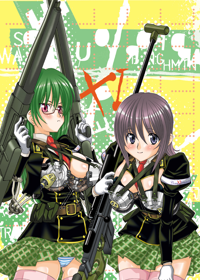original, anti-materiel rifle, dual wielding, glasses, gun, hands on own hips, holding, panties, rifle, sniper rifle, striped clothes, striped panties, thighhighs, underwear, weapon, zettai ryouiki