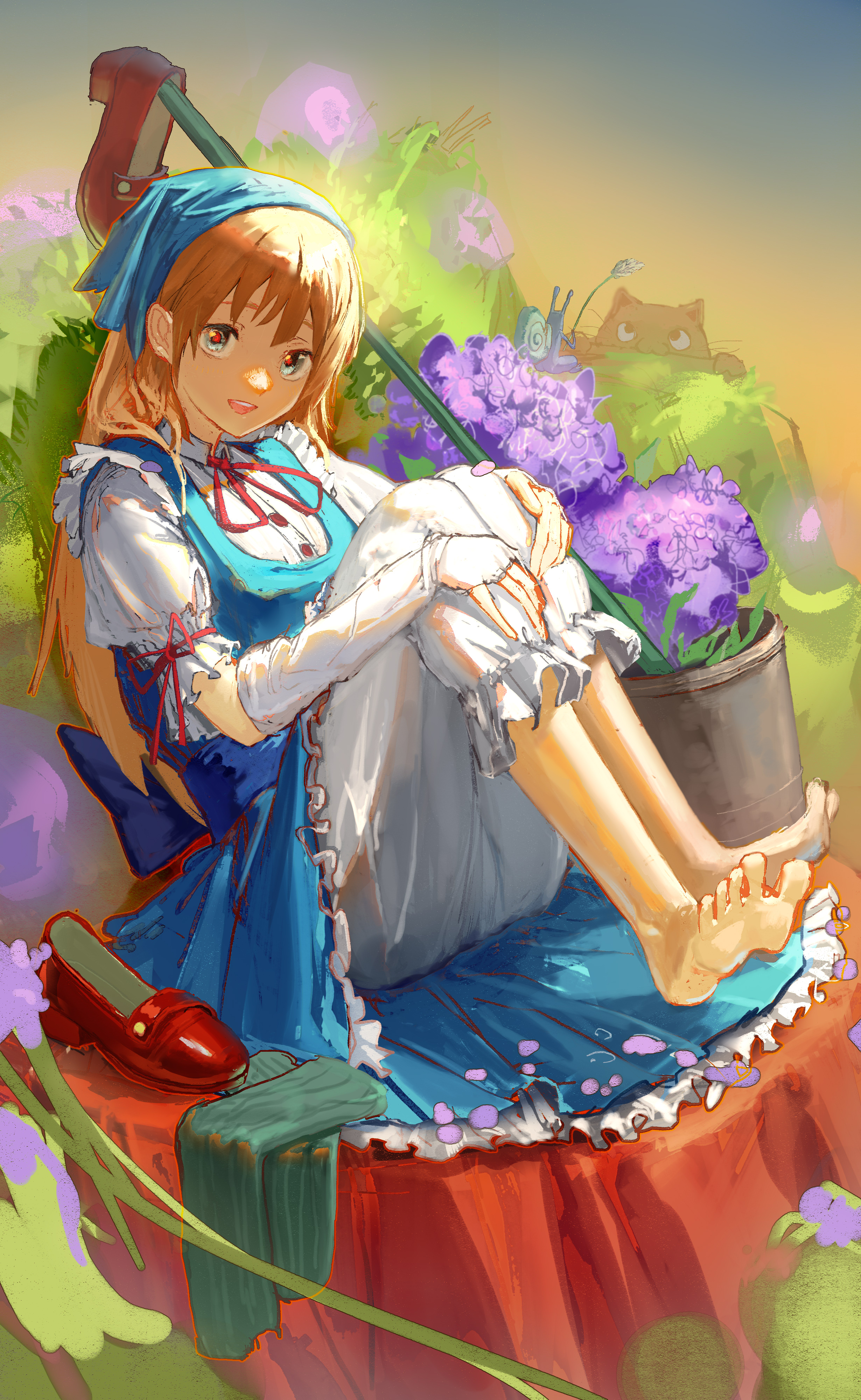 jinchigou, original, absurdres, commission, highres, skeb commission, 1girl, barefoot, blue dress, blue eyes, blue headdress, brown hair, cat, dress, elbow gloves, fingerless gloves, flower, gloves, green socks, looking at viewer, open mouth, purple flower, red shoes, shirt, shoes, shorts, socks, soles, solo, teeth, unworn shoes, unworn socks, upper teeth only, white gloves, white shirt, white shorts