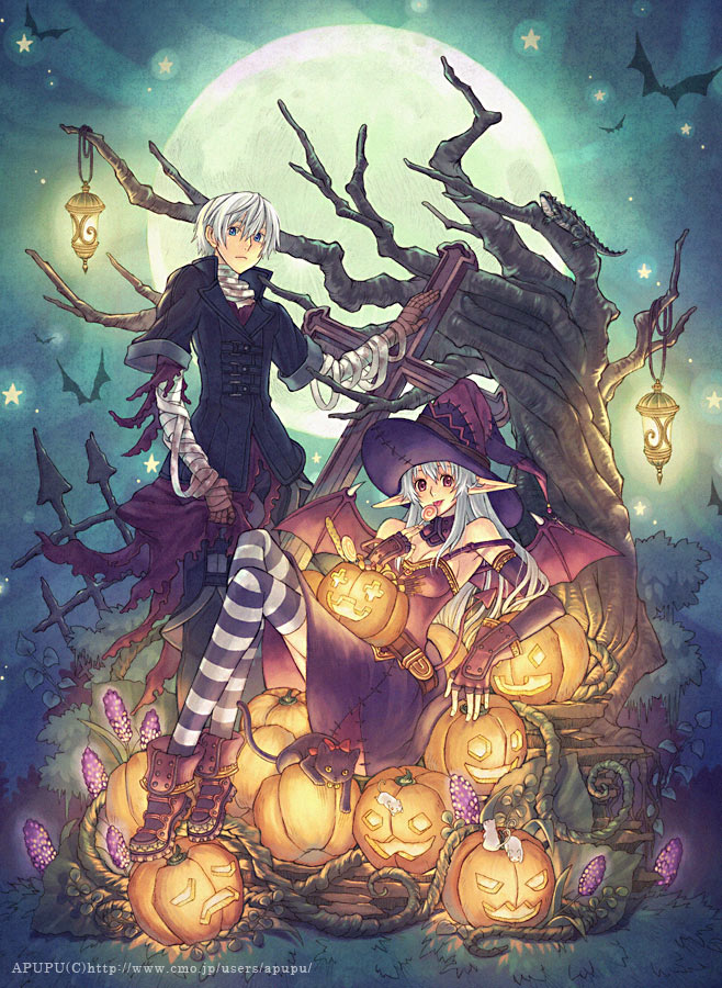 apupu, 1boy, 1girl, artist name, bandages, bat (animal), blue eyes, candy, cat, coat, cross, dress, elbow gloves, fingerless gloves, food, full moon, gloves, glowing, halloween, hat, jack-o'-lantern, lantern, lollipop, moon, pointy ears, pumpkin, purple eyes, sitting, smile, star (symbol), striped clothes, striped thighhighs, swirl lollipop, thighhighs, tree, watermark, web address, white hair, wings, witch, witch hat