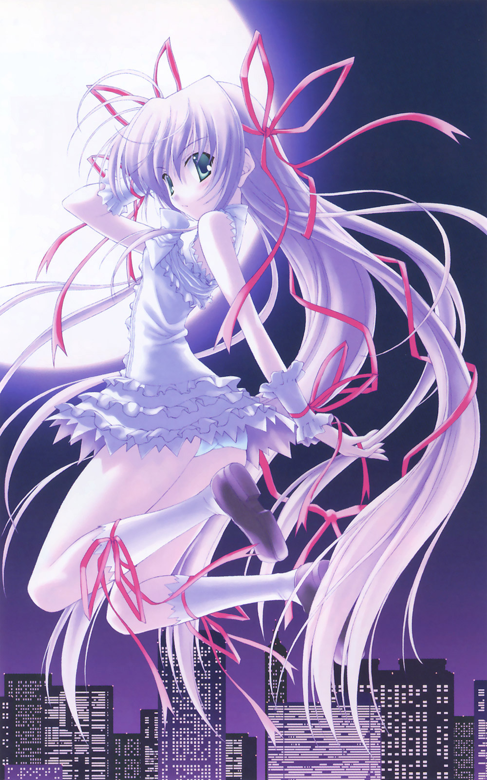 nanao naru, al azif (demonbane), demonbane, light purple hair, highres, 00s, city, dress, green eyes, hair ribbon, long hair, ribbon, short dress, socks, solo, very long hair