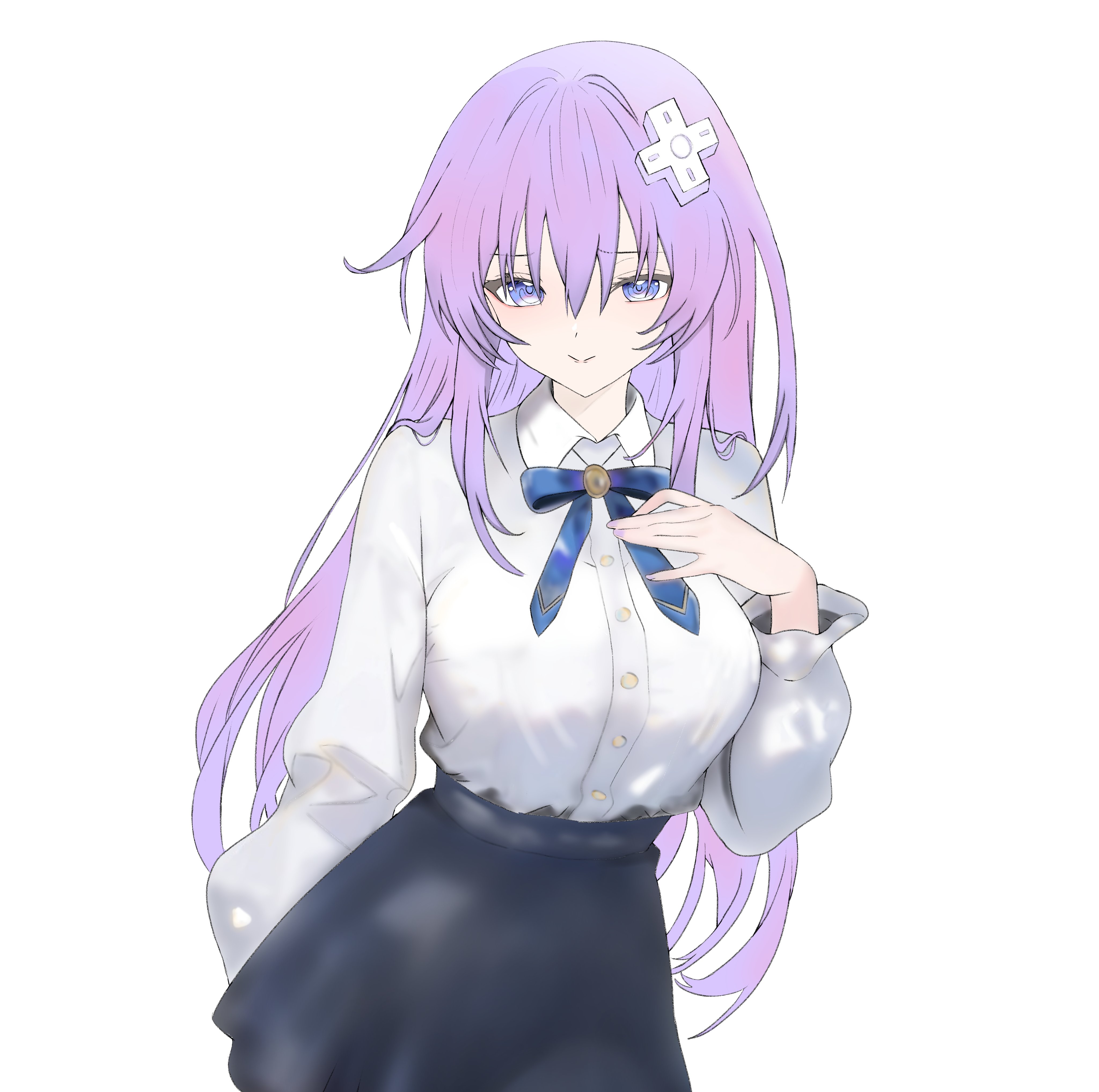 yoshi mcswagger, nepgear, neptune (series), absurdres, highres, 1girl, breasts, d-pad, d-pad hair ornament, hair between eyes, hair ornament, long hair, looking at viewer, medium breasts, purple eyes, purple hair, smile, solo