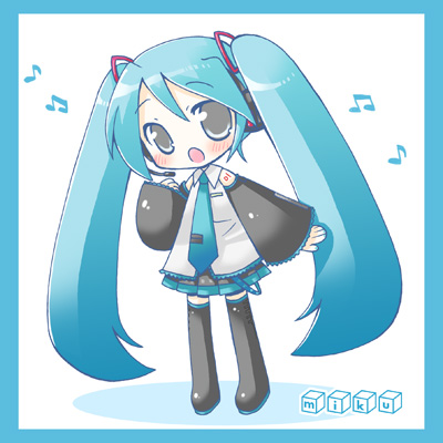 shudou rima, hatsune miku, vocaloid, lowres, 1girl, :o, aqua hair, aqua necktie, blush, border, character name, chibi, detached sleeves, female focus, headphones, headset, long hair, microphone, music, musical note, nail polish, necktie, open mouth, quaver, shadow, simple background, singing, skirt, solo, standing, thighhighs, twintails, very long hair, white background, zettai ryouiki