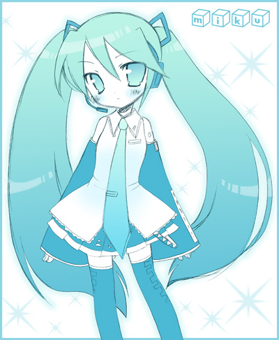 shudou rima, hatsune miku, vocaloid, lowres, 1girl, aqua hair, aqua theme, blush, border, character name, detached sleeves, female focus, headphones, headset, long hair, looking at viewer, microphone, monochrome, necktie, skirt, solo, sparkle, standing, thighhighs, twintails, very long hair, white background, zettai ryouiki