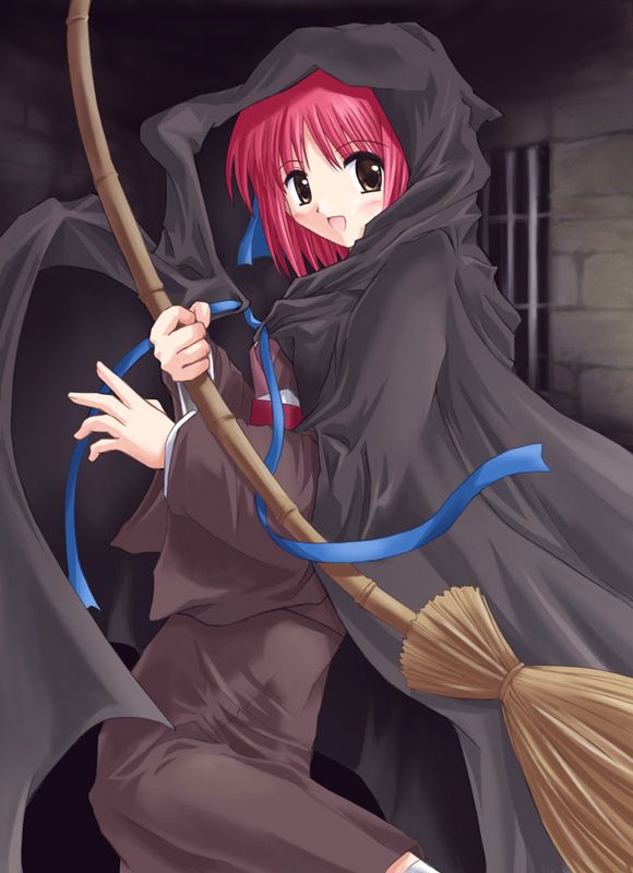 kohaku (tsukihime), melty blood, tsukihime, type-moon, 00s, broom, hair ribbon, red hair, ribbon, solo, witch