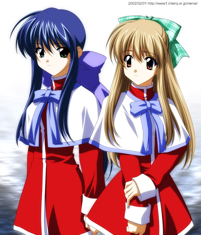 sugimura tomokazu, kawasumi mai, kurata sayuri, kanon, 2girls, blonde hair, blue hair, green eyes, hair ribbon, long hair, multiple girls, red skirt, ribbon, school uniform, serafuku, skirt, watermark
