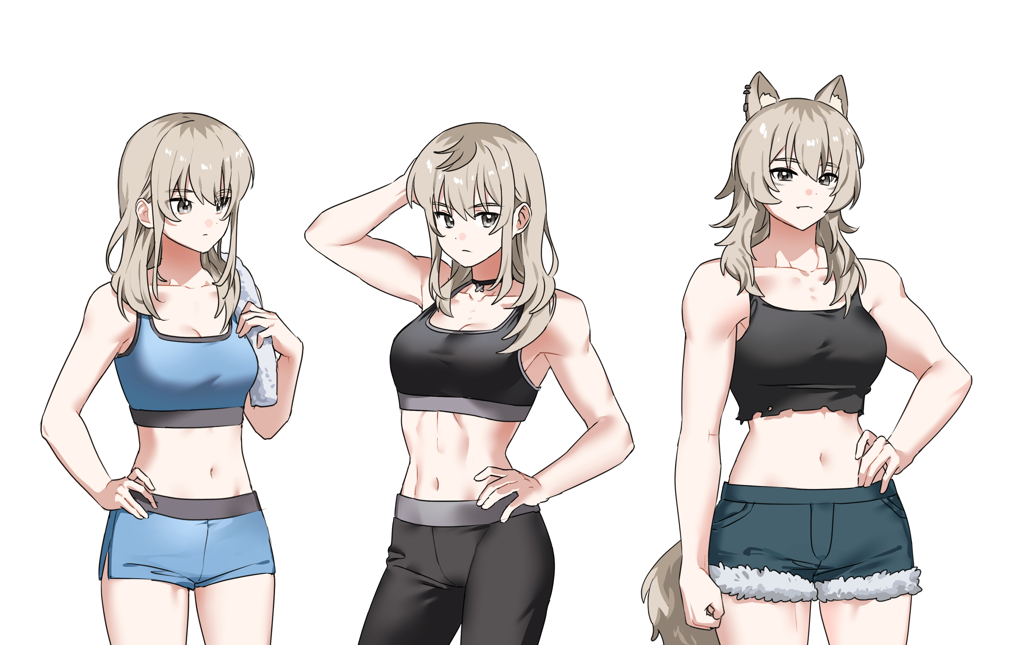 habsida (habsida hpy), kawaragi momoka, girls band cry, absurdres, commentary request, highres, 1girl, animal ears, breasts, brown hair, choker, cleavage, girls band cry rpg, grey eyes, hand on own head, long hair, medium breasts, midriff, navel, pants, shorts, simple background, sports bra, tail, toned, toned female, towel, towel on one shoulder, white background, wolf ears, wolf girl, wolf tail