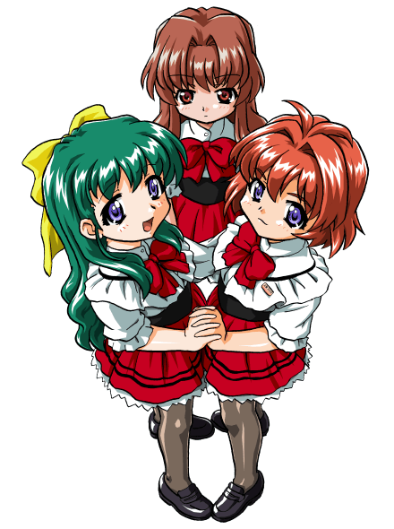 bandabekken, miyafuji miina, morino ichigo, onodera karen, onegai teacher, onegai twins, blue eyes, bronze parrot, cosplay, crossover, green hair, hair ribbon, pantyhose, red hair, ribbon, waitress