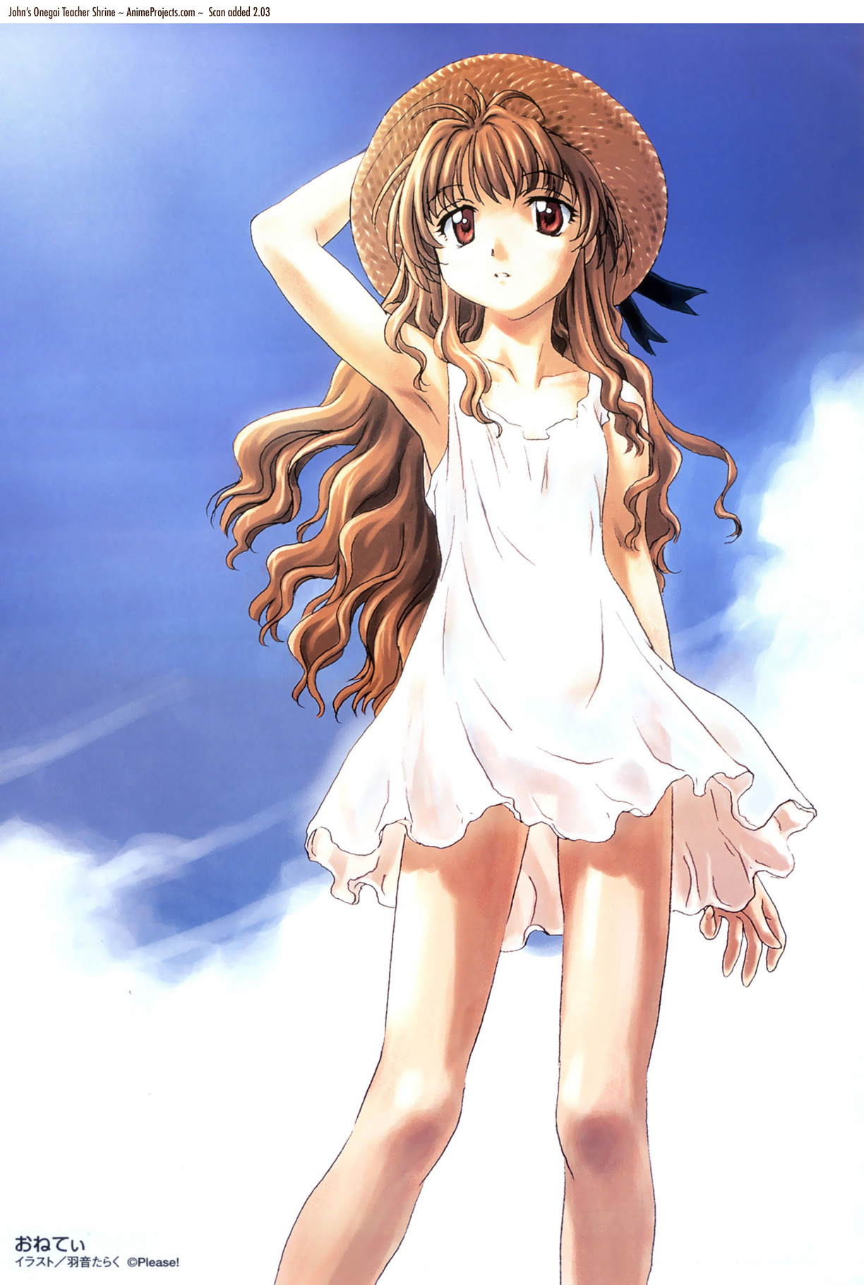 uon taraku, morino ichigo, onegai teacher, onegai twins, highres, official art, scan, 00s, 1girl, arm up, armpits, brown hair, cloud, day, dress, female focus, flat chest, hat, legs, long hair, outdoors, red eyes, ribbon, sky, smile, solo, standing, straw hat, sundress, very long hair, wavy hair