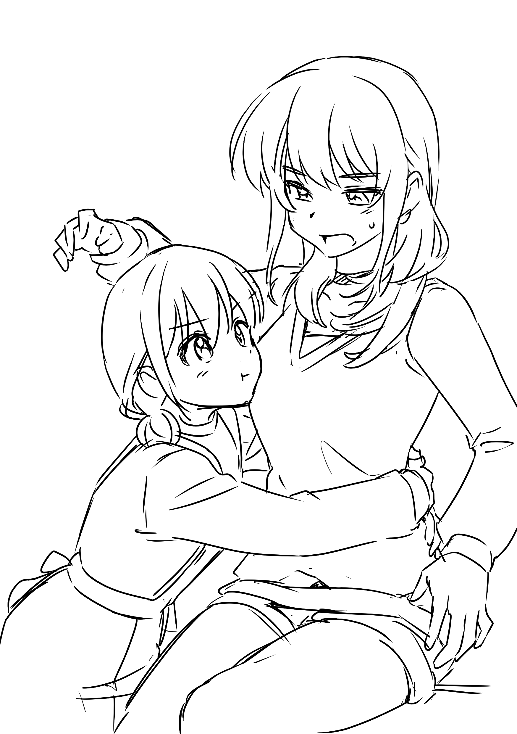 habsida (habsida hpy), iseri nina, kawaragi momoka, girls band cry, absurdres, commentary request, highres, 2girls, closed mouth, greyscale, hug, long hair, long sleeves, monochrome, multiple girls, open mouth, pout, short twintails, shorts, sitting, sweat, sweater, twintails
