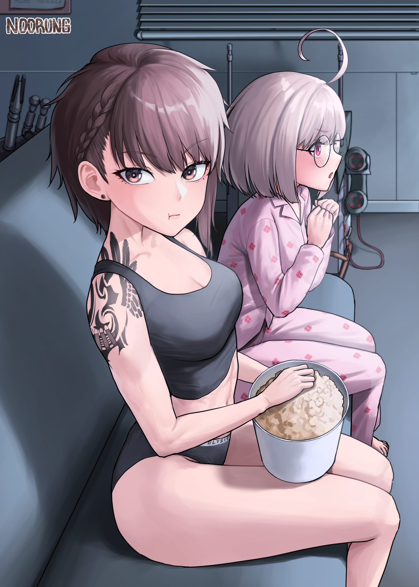 noorung, delta (nikke), signal (nikke), goddess of victory: nikke, highres, 2girls, ahoge, alternate costume, artist name, black panties, black tank top, breasts, brown eyes, brown hair, cleavage, couch, earrings, food, glasses, grey hair, huge ahoge, indoors, jewelry, looking ahead, looking at viewer, medium breasts, multiple girls, on couch, pajamas, panties, pink pajamas, popcorn, round eyewear, short hair, shoulder tattoo, sitting, tank top, tattoo, thighs, underwear