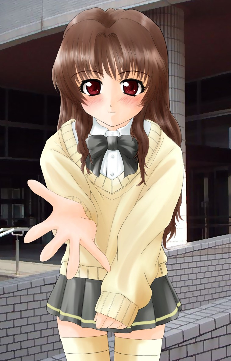 morino ichigo, onegai teacher, onegai twins, 00s, 1girl, blush, bow, bowtie, brown hair, female focus, flat chest, long hair, long sleeves, outdoors, outstretched arm, outstretched hand, photo background, pleated skirt, reaching, school uniform, serafuku, skirt, sleeves past wrists, smile, solo, standing, sweater, thigh gap, thighhighs, thighs, wavy hair, yellow thighhighs, zettai ryouiki