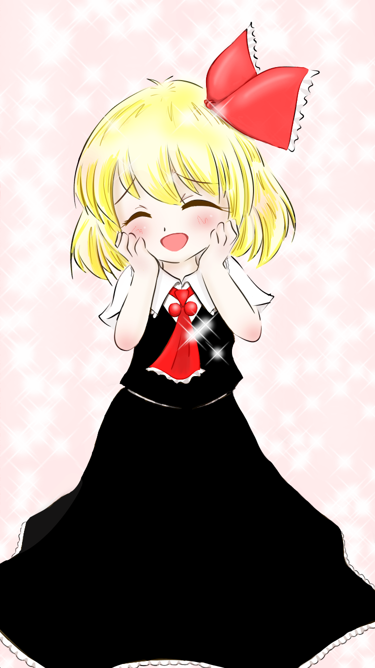 rumia, touhou, highres, 1girl, 4183rumia, ascot, black skirt, black vest, blonde hair, blush, closed eyes, hair ribbon, hands on own face, hands up, happy, open mouth, pink background, raised inner eyebrows, red ribbon, ribbon, shirt, short hair, skirt, smile, solo, sparkle, sparkle background, vest, white shirt