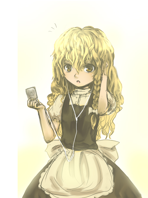 circlek, kirisame marisa, ipod shuffle, touhou, 1girl, blonde hair, braid, digital media player, dress, female focus, gradient background, hair ribbon, ipod, ipod shuffle 4g, ribbon, solo, white background