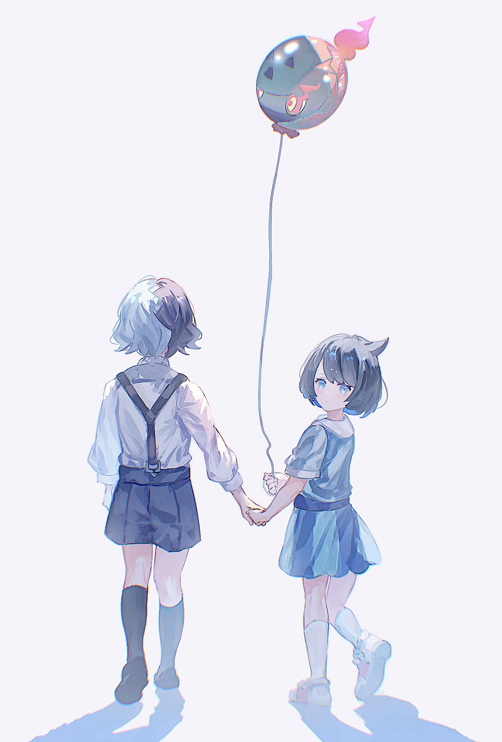 ankodesoy, amethio (pokemon), liko (pokemon), nintendo, pokemon, pokemon (anime), pokemon horizons, commentary request, highres, 1boy, 1girl, aged down, balloon, black hair, blue eyes, closed mouth, colored inner hair, dress, from behind, holding, holding hands, looking back, multicolored hair, shirt, shoes, short sleeves, shorts, socks, standing, suspenders, white background