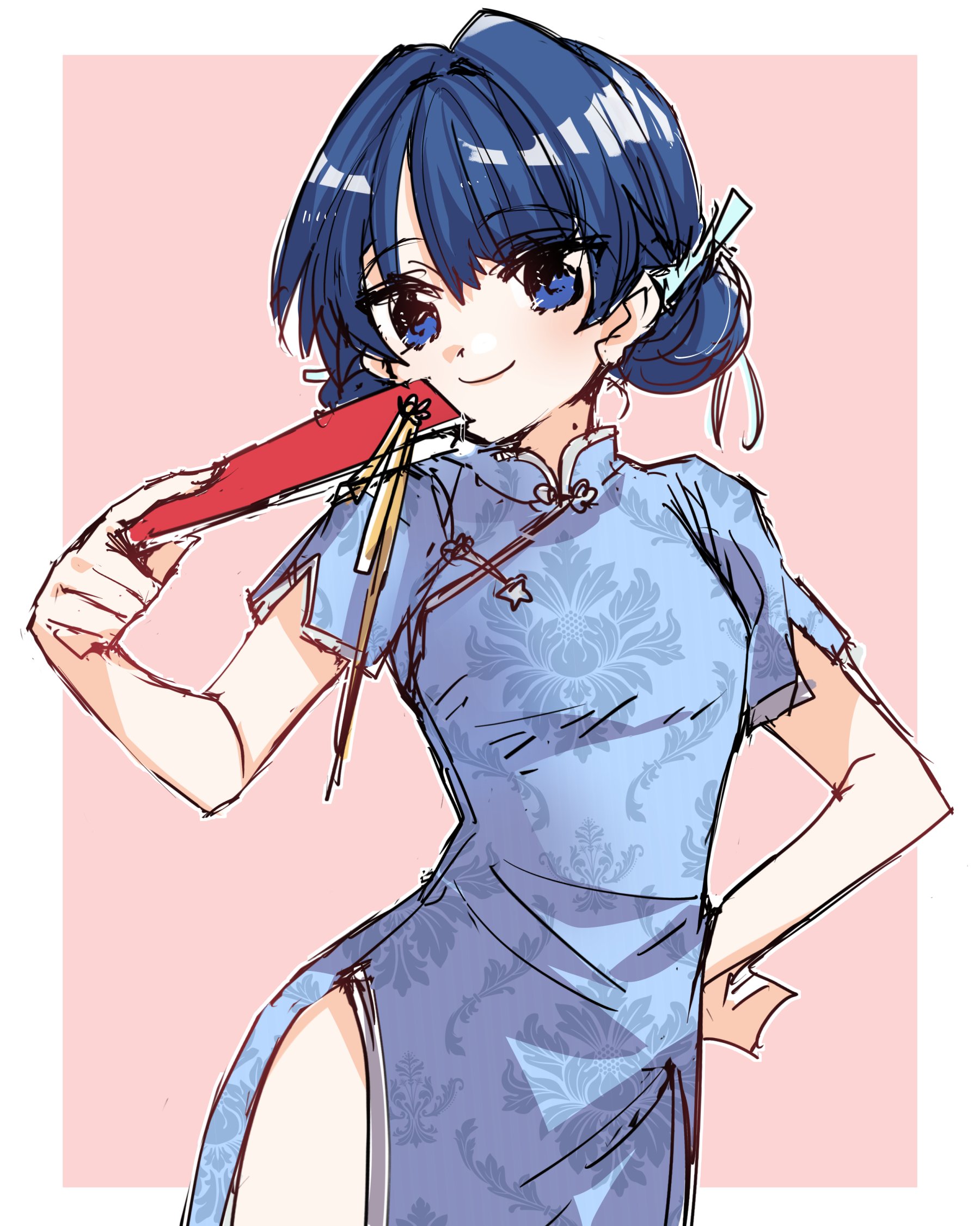 kanduki kamibukuro, murano sayaka, link! like! love live!, love live!, commentary request, highres, 1girl, blue ribbon, border, china dress, chinese clothes, cowboy shot, double bun, dress, folded fan, folding fan, hair bun, hair intakes, hair ribbon, hand fan, hasu no sora school uniform, holding, holding fan, long hair, looking at viewer, mole, mole on neck, official alternate costume, outside border, pink background, ribbon, school uniform, shiren koto no tora (love live!), short dress, short hair, short sleeves, side slit, simple background, sketch, solo, virtual youtuber, white border