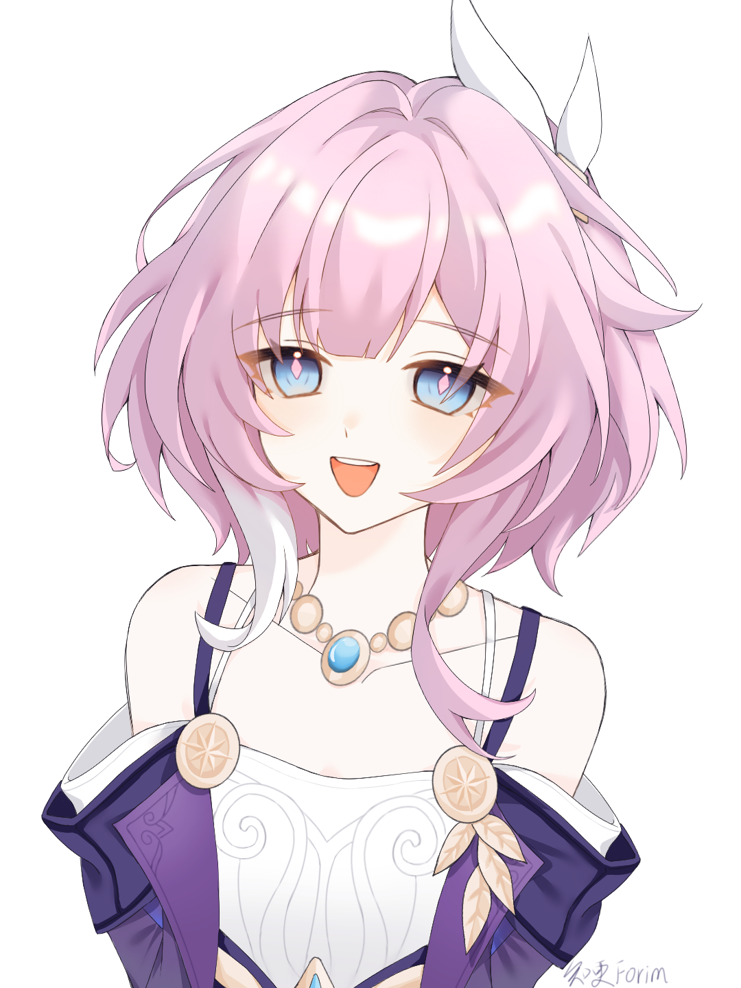 cyrene (honkai: star rail), honkai: star rail, honkai (series), chinese commentary, commentary request, highres, 1girl, bare shoulders, breasts, coat, dress, hair ornament, jewelry, looking at viewer, multicolored hair, necklace, open mouth, pink hair, purple coat, robin forim, short hair, simple background, small breasts, smile, solo, two-tone hair, white background, white dress, white hair