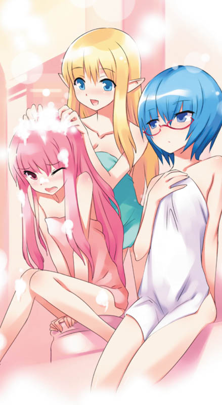 usatsuka eiji, louise francoise le blanc de la valliere, tabitha (zero no tsukaima), tiffania westwood, zero no tsukaima, artist request, 00s, 3girls, bath, blonde hair, blue hair, covering privates, elf, glasses, halterneck, long legs, multiple girls, naked towel, nude cover, pink hair, pointy ears, towel