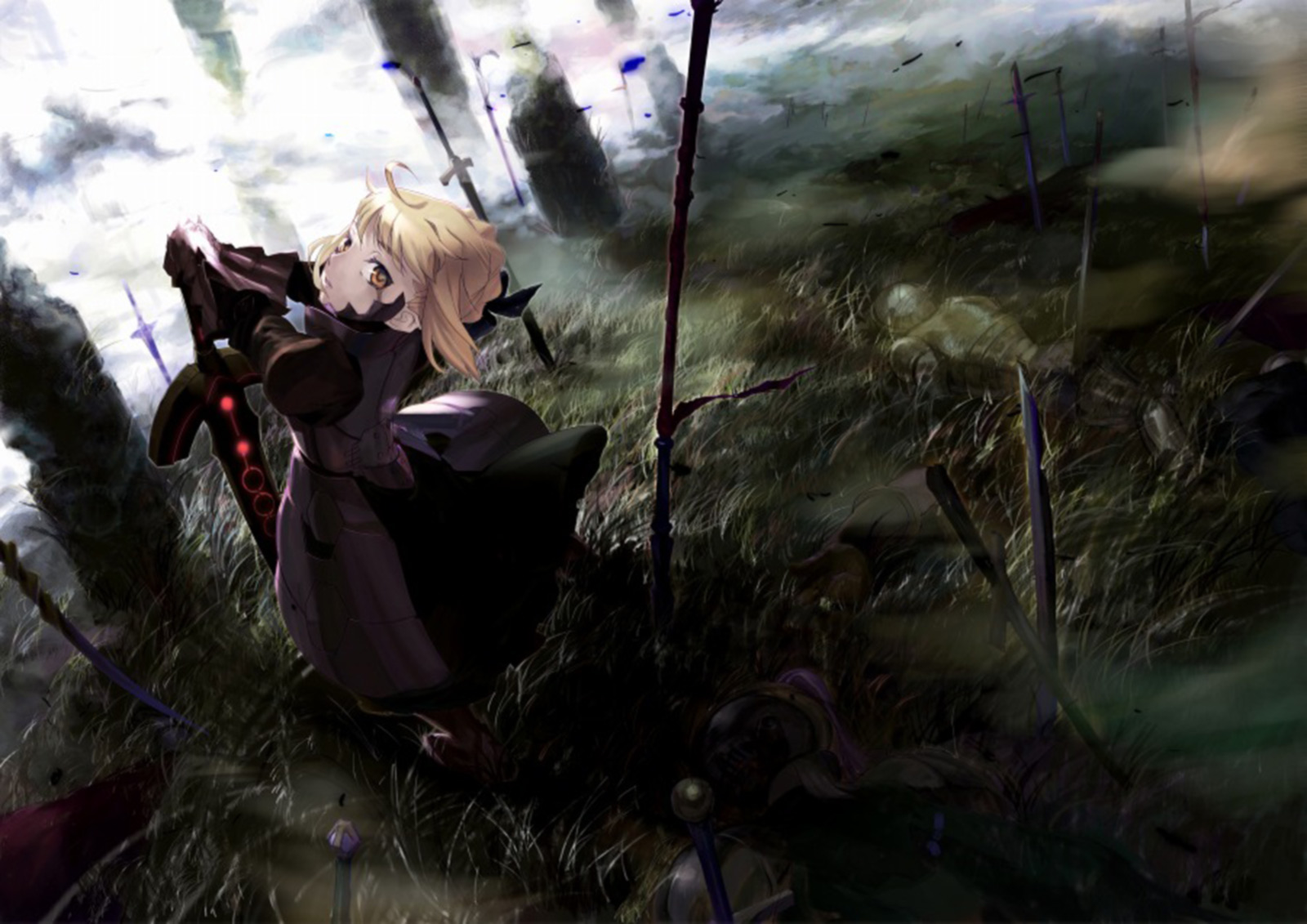itachi (3dt), artoria pendragon (fate), saber (fate), saber alter, saber alter (second ascension), fate/stay night, fate (series), highres, 00s, 1girl, armor, armored dress, battlefield, blonde hair, dress, excalibur morgan (fate), female focus, solo, sword, weapon, yellow eyes