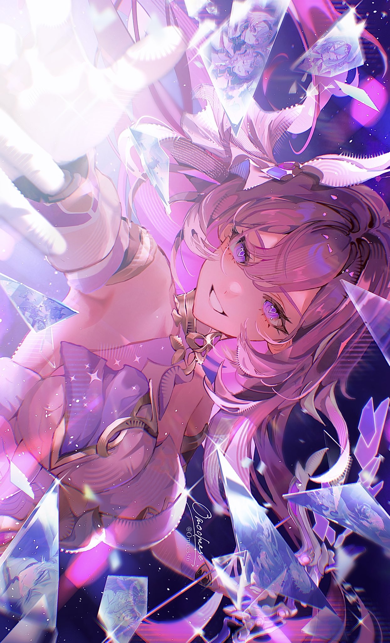 omces96, aponia, eden (honkai impact), elysia (herrscher of human: ego) (honkai impact), elysia (honkai impact), fu hua, fu hua (shadow knight), griseo, kalpas (honkai impact), kevin kaslana, klein (honkai impact), kosma, mobius (honkai impact), pardofelis, su (honkai impact), vill-v, yae sakura, yae sakura (goushinnso memento), honkai (series), honkai impact 3rd, commentary request, highres, 1girl, bare shoulders, bow (weapon), breasts, corset, diamond-shaped pupils, diamond (shape), glass shards, gloves, hair ornament, holding, holding bow (weapon), holding weapon, large breasts, long hair, looking at viewer, medium breasts, open mouth, outstretched arm, pink hair, purple eyes, sideways, signature, simple background, smile, solo, symbol-shaped pupils, teeth, thirteen flame-chasers (honkai impact), triquetra, very long hair, weapon, white background, white corset, white gloves