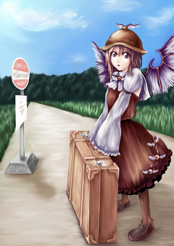 mystia lorelei, touhou, brown legwear, 1girl, brown eyes, brown hair, dress, female focus, hat, road, road sign, short hair, sign, solo, suitcase, wings