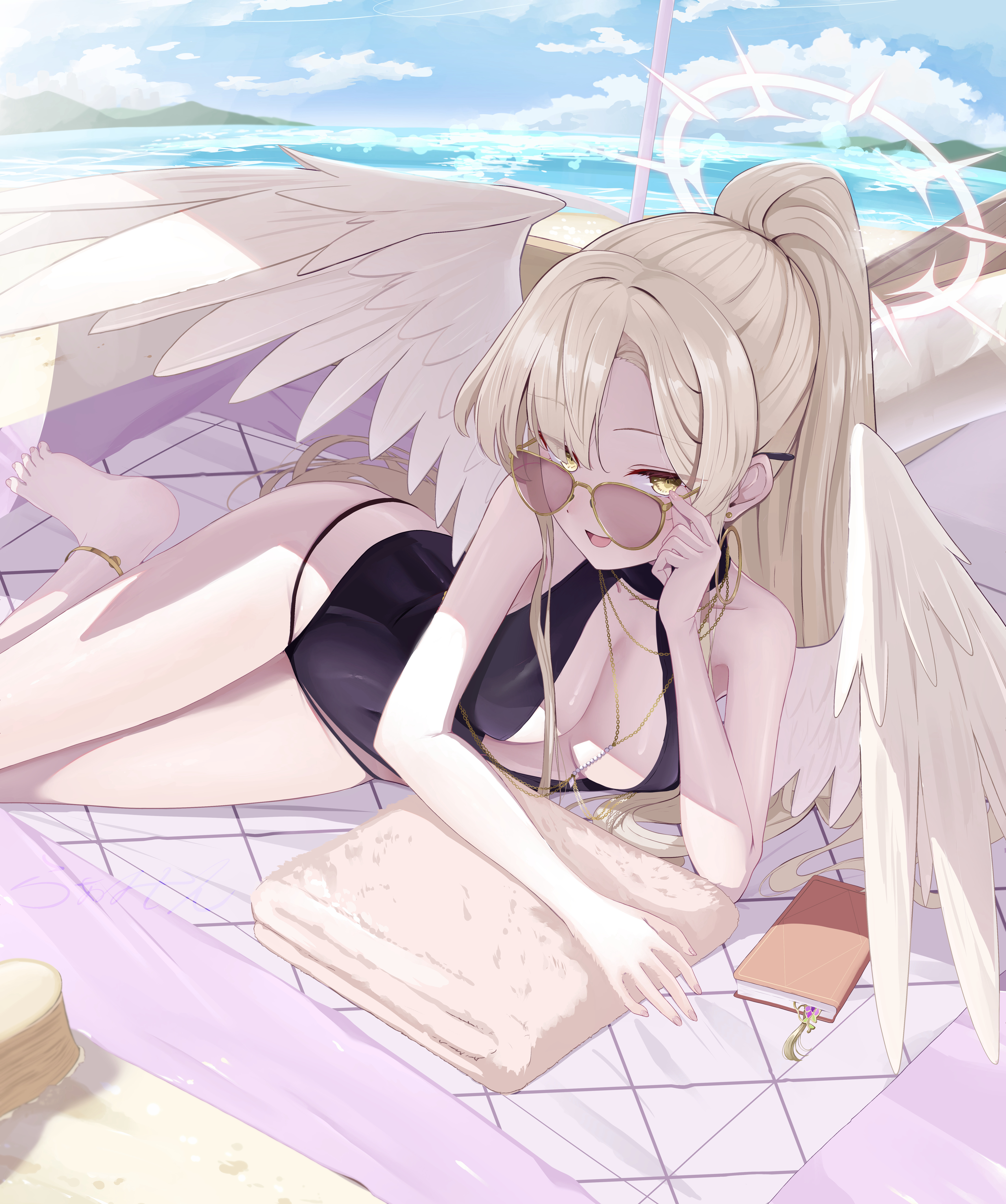 la la la rarmin, nagisa (blue archive), nagisa (swimsuit) (blue archive), blue archive, absurdres, highres, 1girl, bare shoulders, barefoot, beach, black one-piece swimsuit, blonde hair, cloud, cloudy sky, feathered wings, halo, looking at viewer, lying, on side, one-piece swimsuit, open mouth, outdoors, ponytail, sky, sunglasses, swimsuit, towel, white halo, wings, yellow eyes