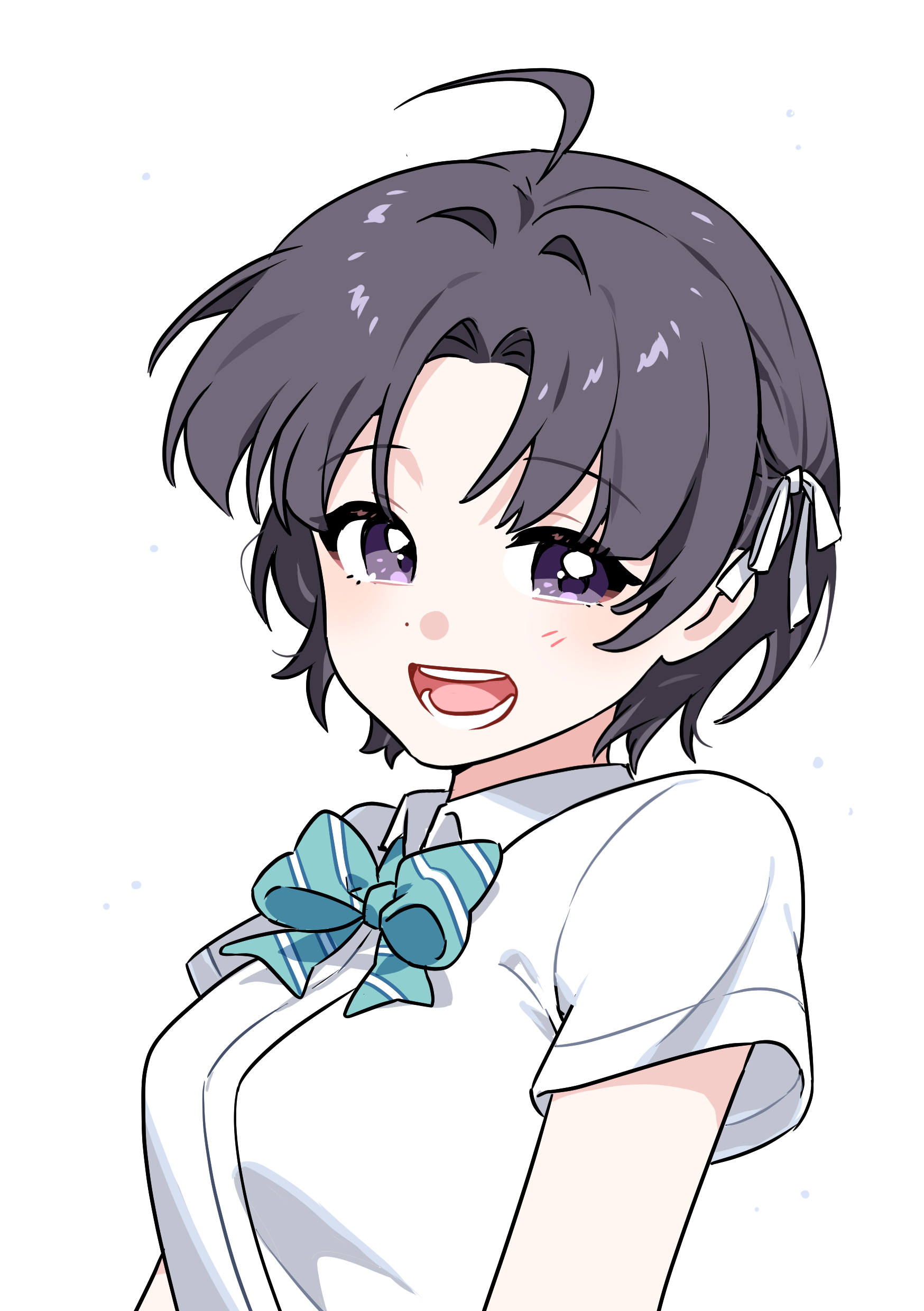 habsida (habsida hpy), awa subaru, girls band cry, absurdres, commentary request, highres, 1girl, ahoge, alternate hair length, alternate hairstyle, black hair, blue bow, blue bowtie, blush, bow, bowtie, breasts, collared shirt, diagonal-striped bow, diagonal-striped bowtie, diagonal-striped clothes, dress shirt, hair ribbon, medium breasts, open mouth, parted bangs, purple eyes, ribbon, shirt, short hair, simple background, solo, striped bow, striped bowtie, striped clothes, teeth, upper body, white background, white ribbon, white shirt