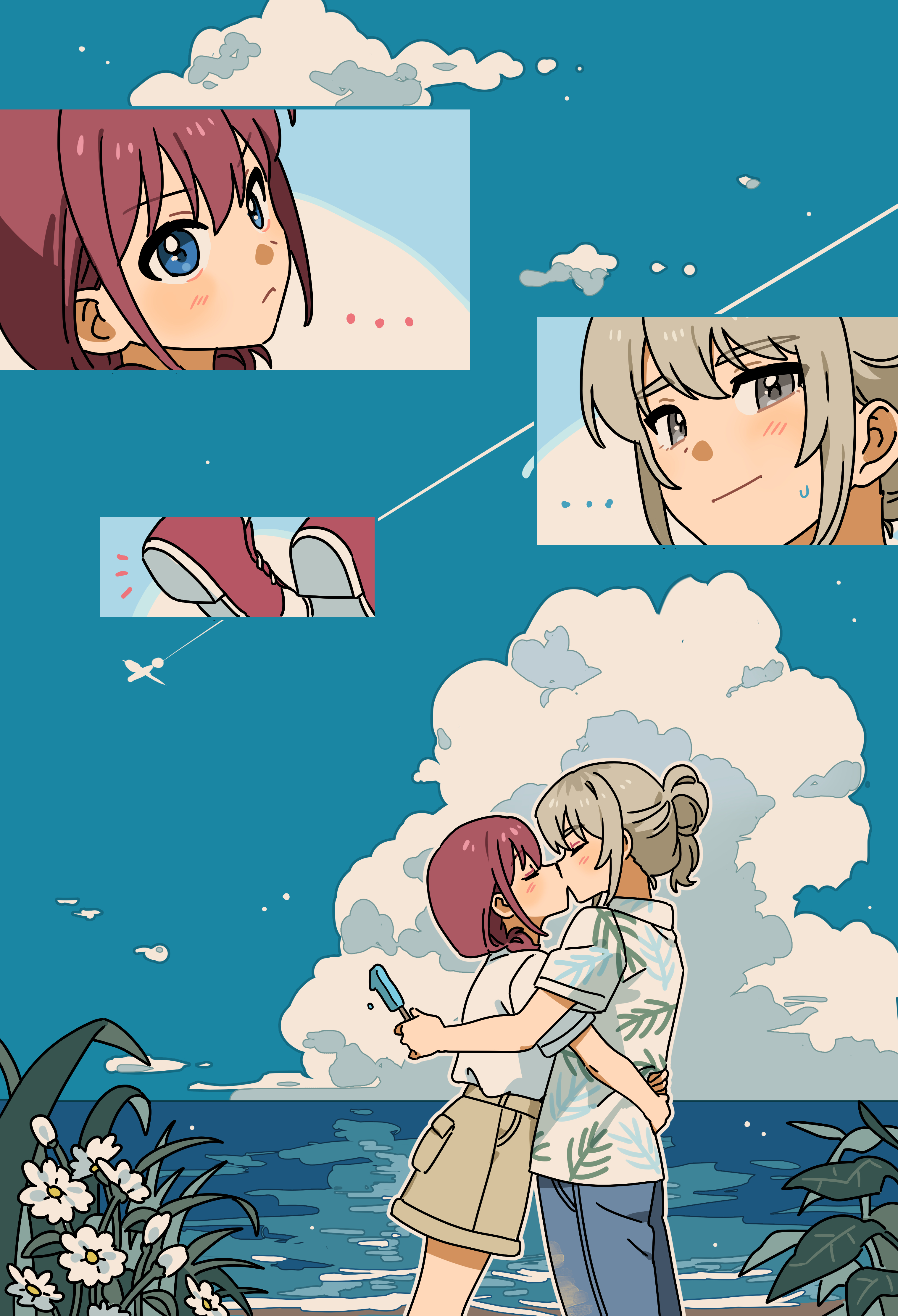 habsida (habsida hpy), iseri nina, kawaragi momoka, girls band cry, absurdres, commentary request, highres, 2girls, blue eyes, blue pants, blue sky, blush, brown hair, brown shorts, closed eyes, closed mouth, cloud, contrail, day, flower, food, grass, grey hair, hawaiian shirt, hug, kiss, low twintails, multiple girls, ocean, outdoors, pants, popsicle, shirt, short hair, short sleeves, short twintails, shorts, sky, sweatdrop, tiptoes, twintails, white shirt, yuri