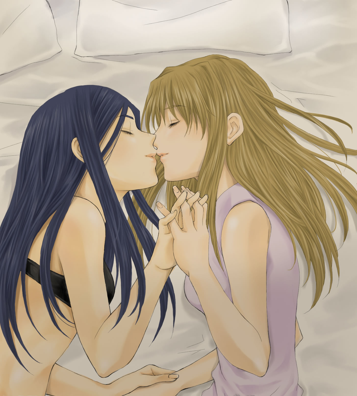 mico3, fujino shizuru, kuga natsuki, my-hime, highres, 00s, 2girls, bed, blonde hair, blue hair, bra, closed eyes, couple, from side, holding hands, interlocked fingers, kiss, lingerie, lying, multiple girls, underwear, yuri