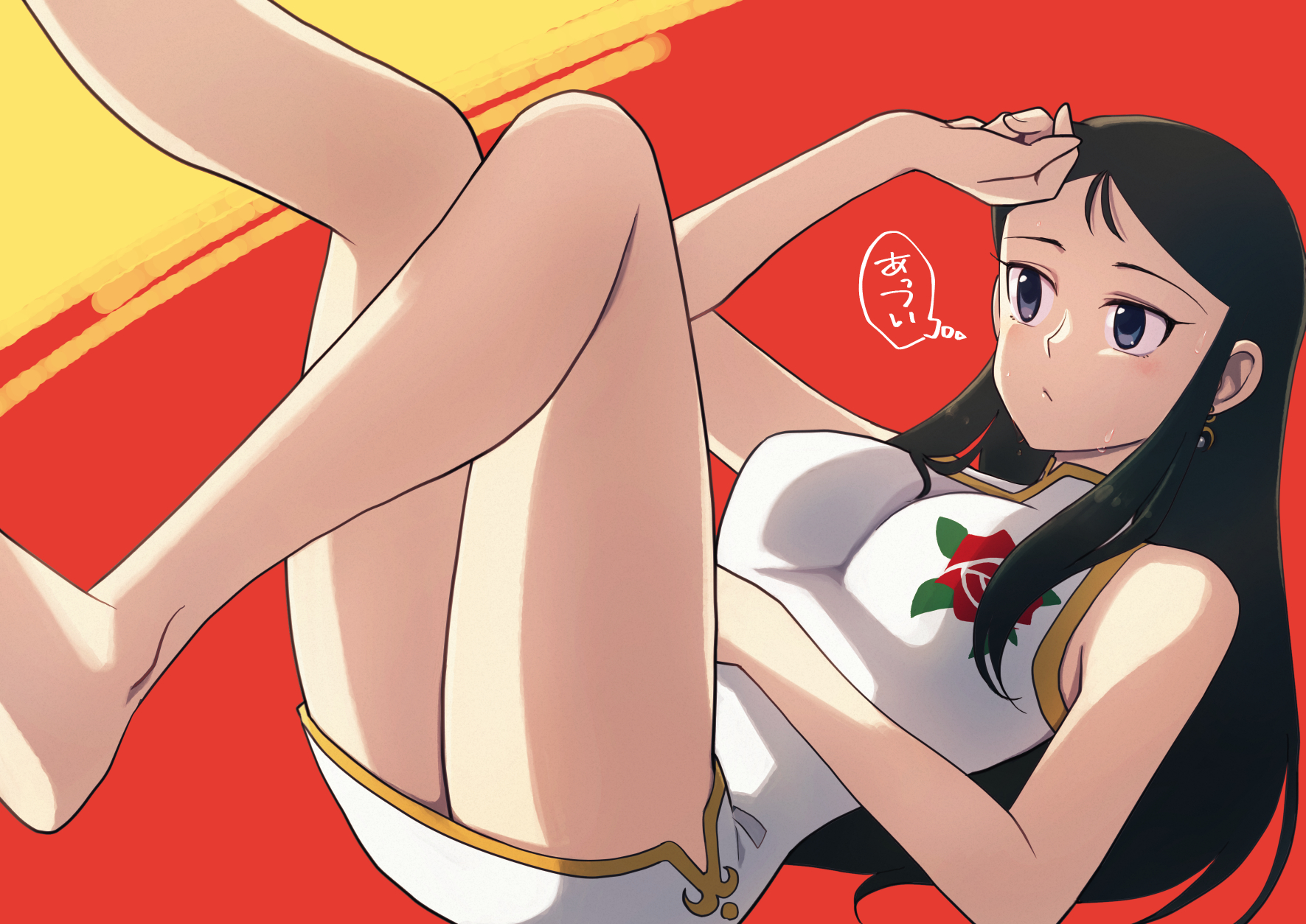 nekomdr, ginrei (giant robo), giant robo, highres, 1girl, barefoot, black hair, breasts, china dress, chinese clothes, closed mouth, dress, earrings, elbow gloves, gloves, jewelry, long hair, mackintosh rose, medium breasts, solo, white dress