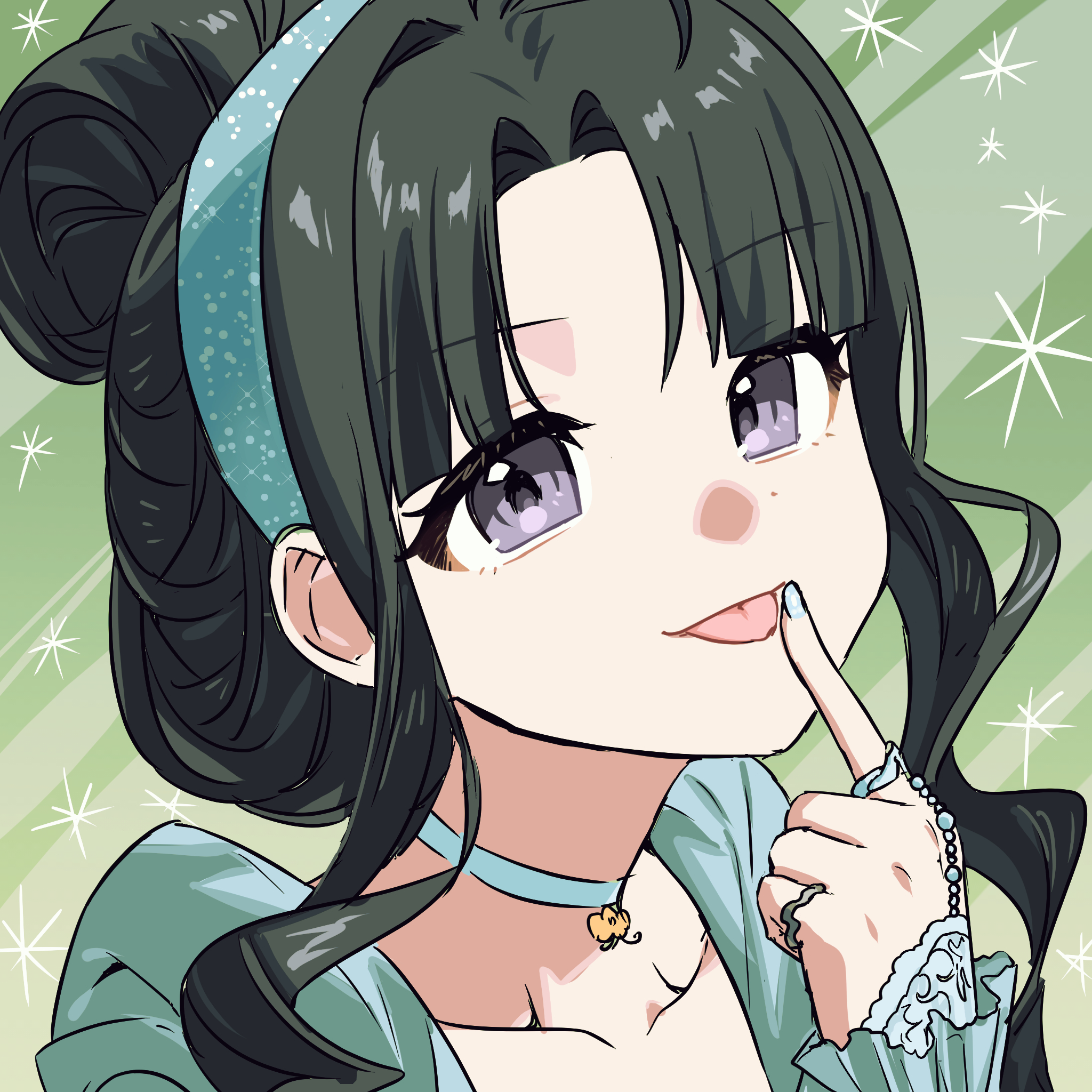 habsida (habsida hpy), awa subaru, girls band cry, commentary request, highres, 1girl, black hair, blue choker, blue dress, blue hairband, blue nails, choker, dress, hair up, hairband, index finger raised, jewelry, looking at viewer, purple eyes, ring, solo, tongue, tongue out