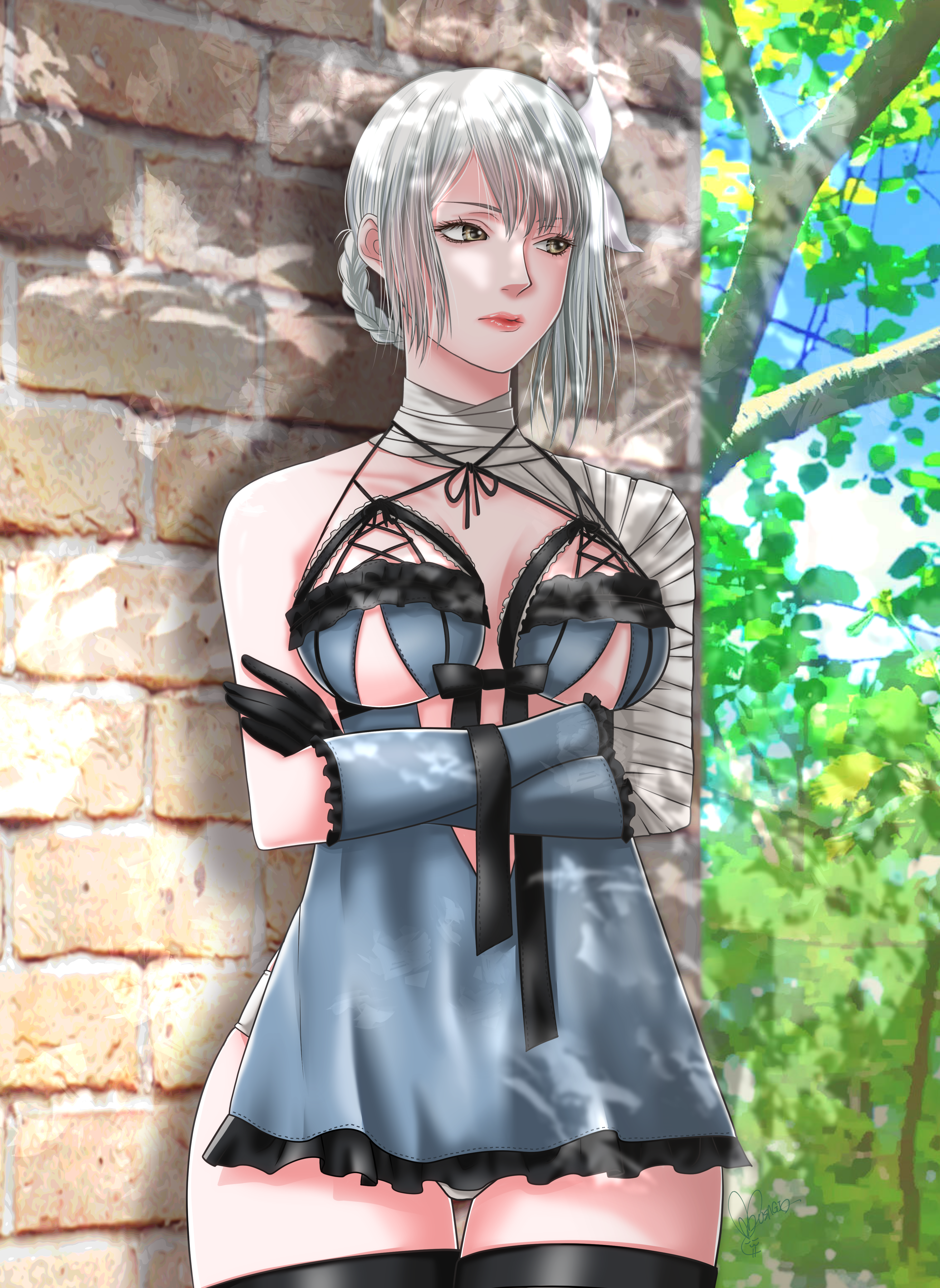 kaine (nier), nier (series), nier reincarnation, absurdres, highres, non-web source, 1girl, bandaged arm, bandaged leg, bandaged neck, bandages, black gloves, braid, breasts, flower, gloves, hair flower, hair ornament, large breasts, lingerie, negligee, panties, short hair, solo, underwear, weapon, white hair
