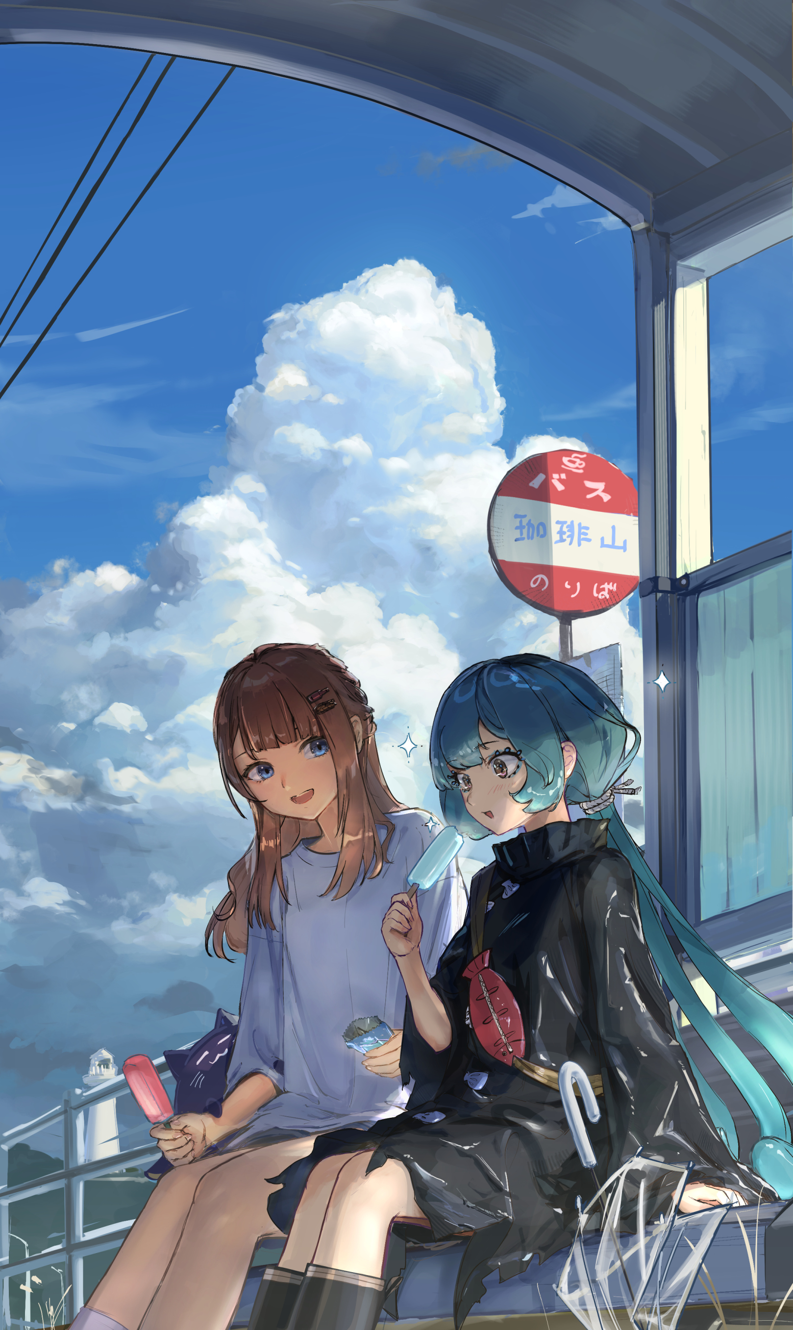paserin ekaku, original, absurdres, highres, 2girls, blue eyes, blue hair, boots, brown hair, cloud, cloudy sky, eating, food, hair ornament, ice cream, multiple girls, open mouth, outdoors, raincoat, road sign, rubber boots, shirt, sign, sitting, sky, sparkle, train station, umbrella, white shirt